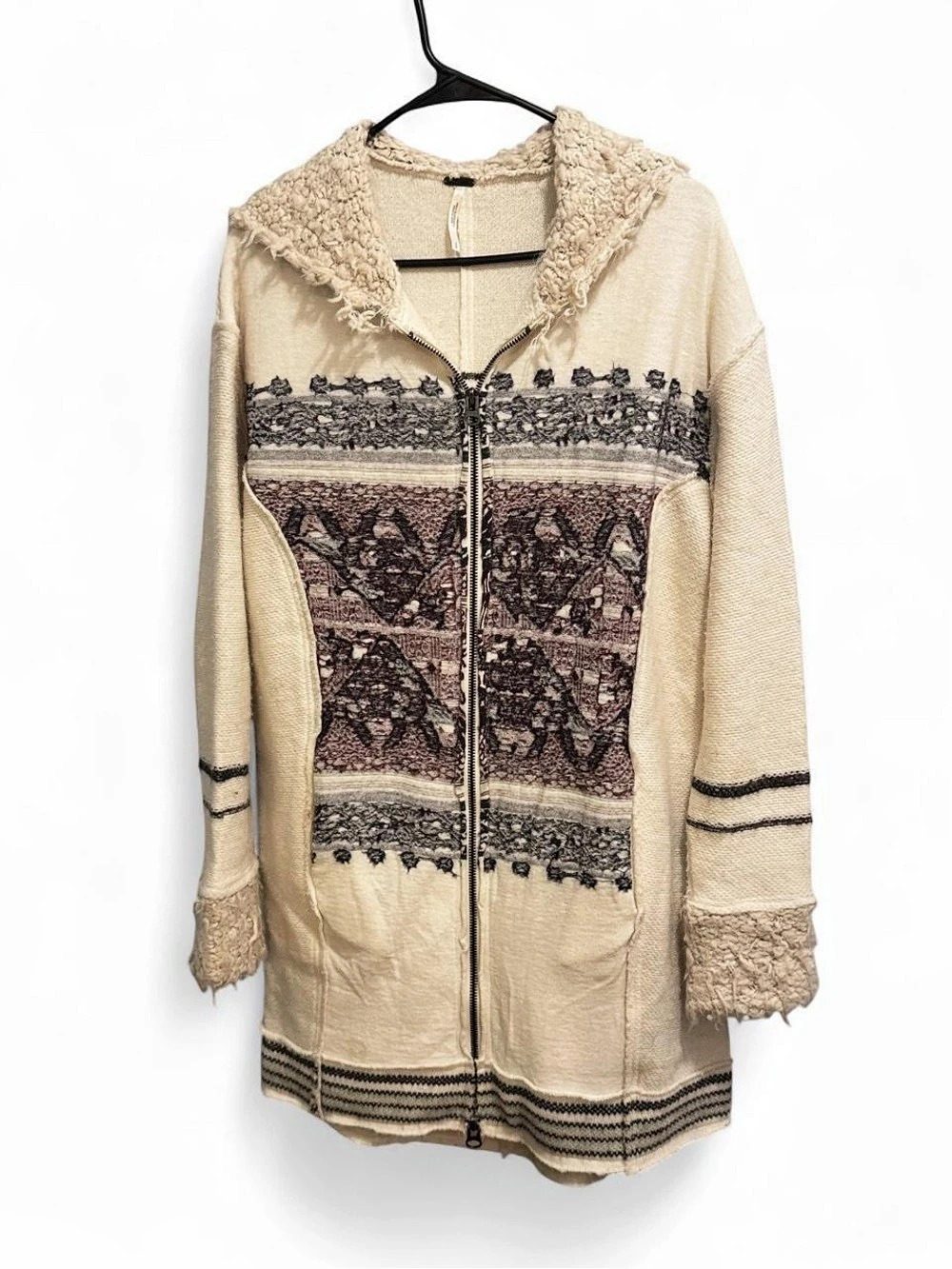 Free People Alpine Escape Hooded Patterned Zip Sweater Cream Size Small